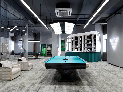 Modern Billiard Room Interior Design With Green Pool Table Lighting And Comfortable Seating 3d model