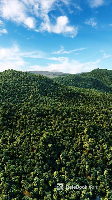 Beautiful Scenery Of Dense Lush Green Forested Hills Under Blue Sky With Floating White Clouds 3d model 