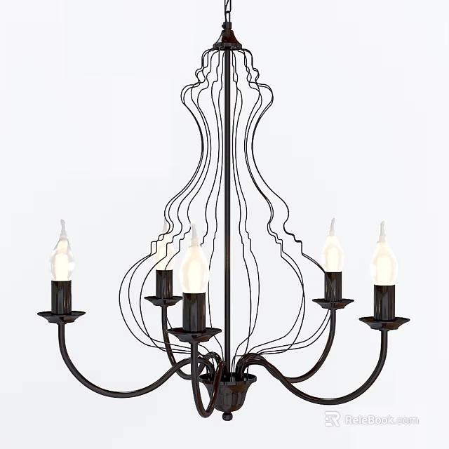 Modern Black Metal Chandelier with Curved Wavy Lines Multiple Candle Style Holders and Lit Bulbs 3d model 
