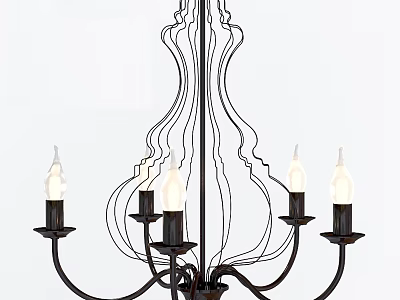 Modern Black Metal Chandelier with Curved Wavy Lines Multiple Candle Style Holders and Lit Bulbs 3d model