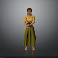 3D Female Character In Yellow Top And Green Long Skirt Holding Book Against Gray Background
