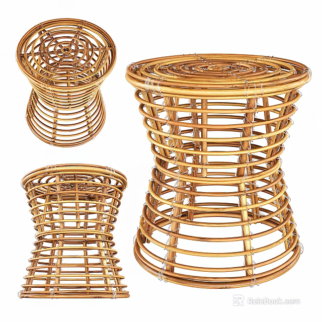 Rattan Side Tables Three Sizes Woven Design Rounded Top Living Room Decor 3d model 