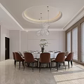 Elegant Modern Banquet Hall With Round Dining Table Brown Chairs And Chandelier