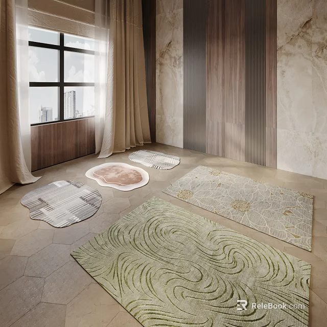 Square Rug In Modern Living Room With Windows And Curtains 3d model 