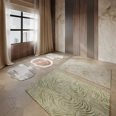 Square Rug In Modern Living Room With Windows And Curtains 3d model