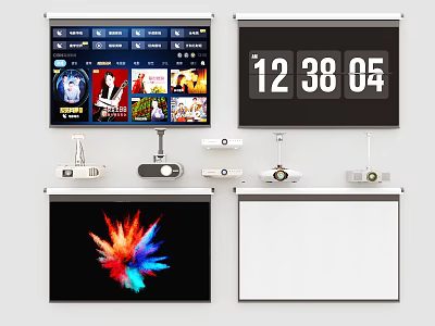 Projection Monitoring System With Projectors And Projection Screens For Time Display And Video Content 3d model