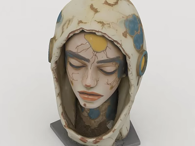 Head Shaped Decorative Ornament Set With Distressed Texture White Blue Yellow Accents And Gray Base 3d model