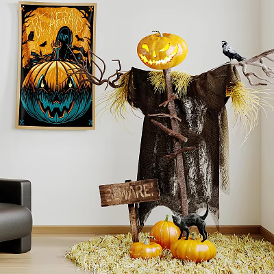Decorative Halloween Ornament Set With Scarecrow Pumpkin Crow Beware Sign Poster And Black Cat 3d model