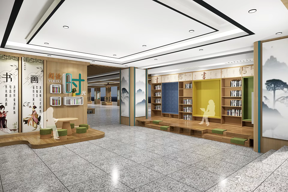 School Library Interior With Wooden Bookshelves Reading Area Benches And Decorative Paintings 3d model 
