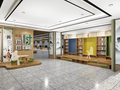 School Library Interior With Wooden Bookshelves Reading Area Benches And Decorative Paintings 3d model