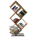 Modern Geometric Wooden Bookshelf With Multiple Shelves Holding Colorful Books