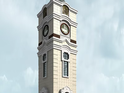 Classical Brick Clock Tower with Multiple Clocks Decorative Windows and Architectural Design 3d model