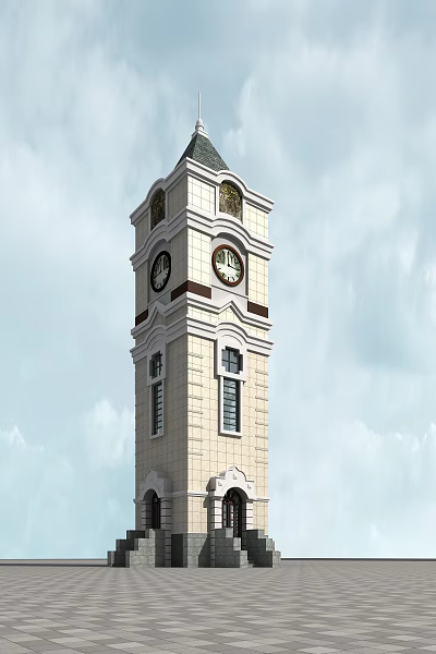 Classical Brick Clock Tower with Multiple Clocks Decorative Windows and Architectural Design 3d model
