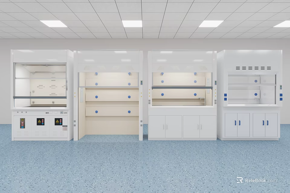 Professional Medical Laboratory Equipment With White Fume Hoods And Storage Cabinets 3d model 