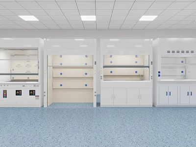 Professional Medical Laboratory Equipment With White Fume Hoods And Storage Cabinets 3d model