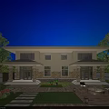 Modern Two Story Detached Villa Exterior With Large Windows Courtyard Lawn And Outdoor Furniture