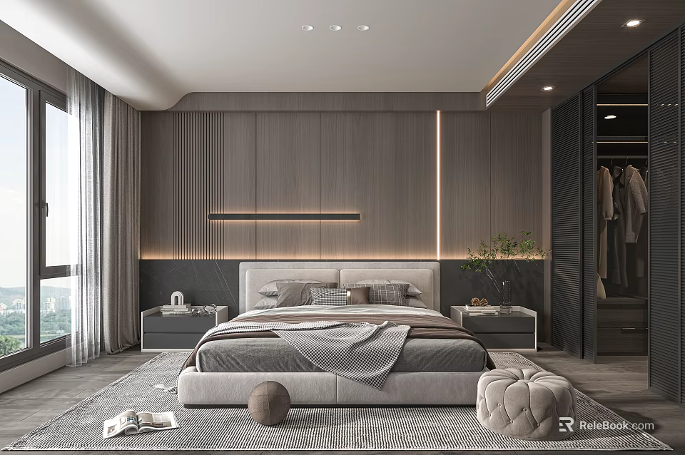 Modern Bedroom Interior With Wooden Wall Paneling Recessed Lighting Minimalist Bed Nightstands And Area Rug 3d model 
