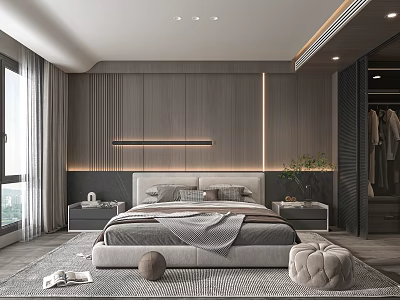 Modern Bedroom Interior With Wooden Wall Paneling Recessed Lighting Minimalist Bed Nightstands And Area Rug 3d model
