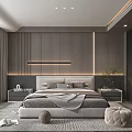 Modern Bedroom Interior With Wooden Wall Paneling Recessed Lighting Minimalist Bed Nightstands And Area Rug
