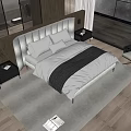 Modern Double Bed With Gray Velvet Headboard Beige And Gray Bedding Nightstands Plant Wooden Elements