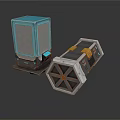 Sci Fi Scene Components With Blue Illuminated Square Panel And Hexagonal Gold Strapped Box