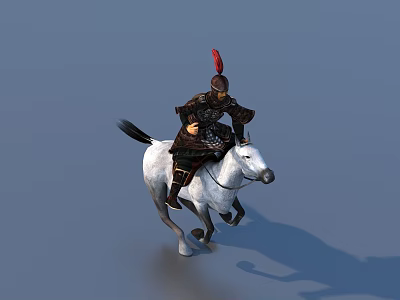 Game Movie Character in Armored Outfit Riding White Running Horse with Red Feather Helmet 3d model