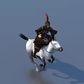 Game Movie Character in Armored Outfit Riding White Running Horse with Red Feather Helmet