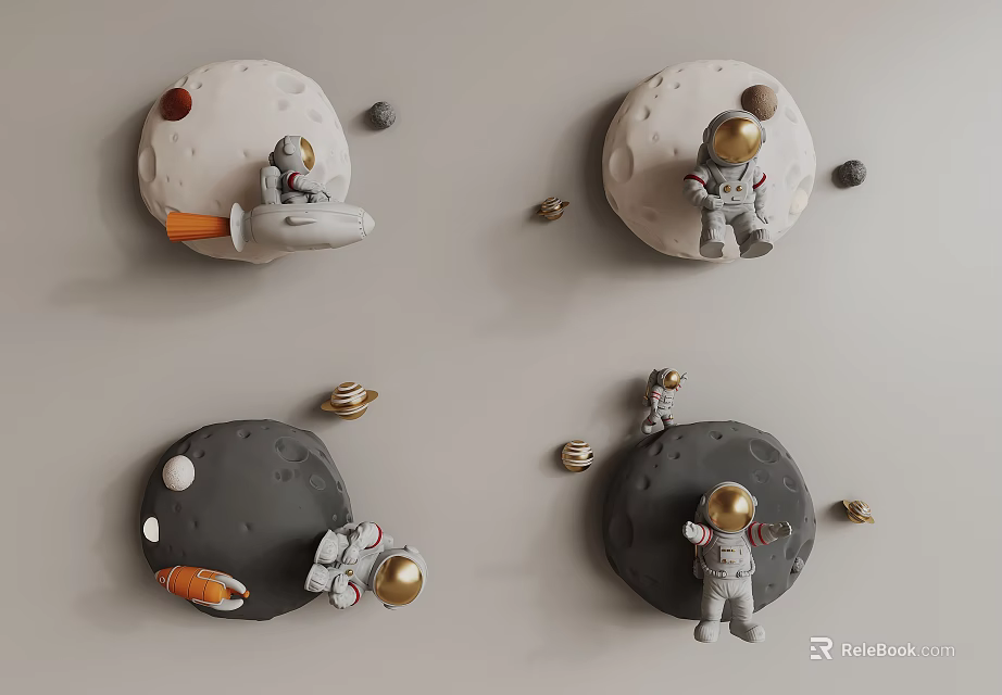 Decorative Circular Moon Shaped Wall Decor With Astronaut Rocket And Planets 3d model