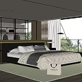 Modern Bedroom Interior With Open Wardrobe White Quilt Black Pillows Floor Lamp And Balcony View