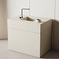 Modern Minimalist Light Colored Stone Washbasin With Black Faucet And Ceramic Cup In Contemporary Bathroom