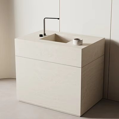 Modern Minimalist Light Colored Stone Washbasin With Black Faucet And Ceramic Cup In Contemporary Bathroom 3d model