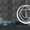 Stainless Steel Circular Sculpture With Stone Wall Background And Water Fountain Feature