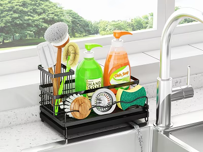 Kitchen Sink Organizer Rack With Cleaning Tools Dish Soap Sponges By Window Green Trees View 3d model