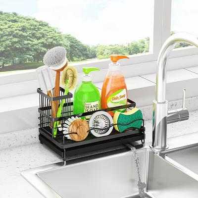 Kitchen Sink Organizer Rack With Cleaning Tools Dish Soap Sponges By Window Green Trees View 3d model