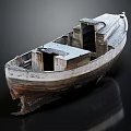 Weathered Old Wooden Boat With Worn Planks And Cabin Compartments On Dark Reflective Surface