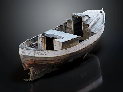 Weathered Old Wooden Boat With Worn Planks And Cabin Compartments On Dark Reflective Surface 3d model