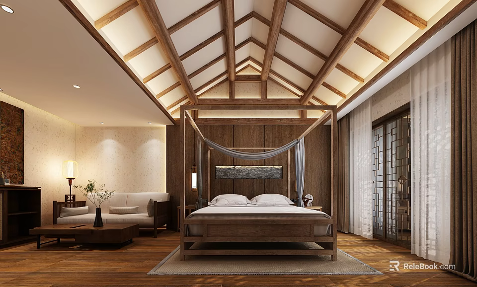 Chinese Style Hotel Guest Room With Wooden Sloped Ceiling Four Poster Bed Sofa And Carpet 3d model 