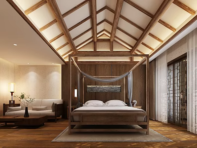 Chinese Style Hotel Guest Room With Wooden Sloped Ceiling Four Poster Bed Sofa And Carpet 3d model