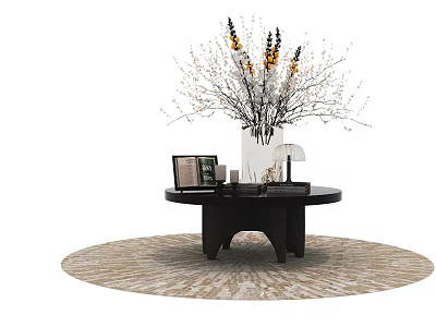 Black Round Coffee Table with Vase Branches Photo Frame Books and Lamp on Round Rug 3d model