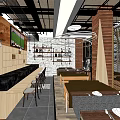 Elegant Restaurant Interior With Wooden Pillars Long Seats And Black Ceiling Structure 3d model