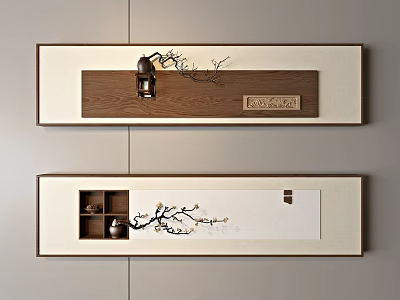 Chinese Style Two Piece Wall Hangings with Wooden Frame Plum Blossom Branches and Teapot Ornaments 3d model