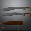 Carved Knife Sculptures Featuring Metal Blades Red Handles And Gold Decorated Sheath