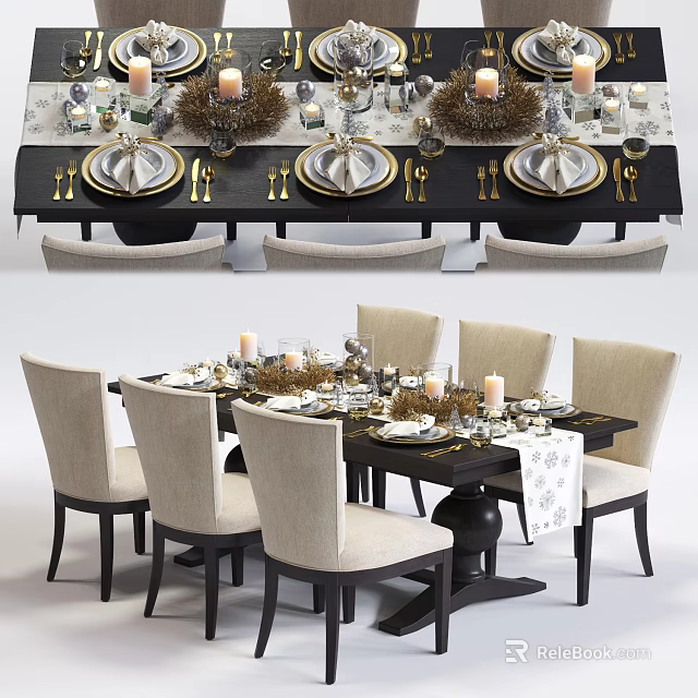 Elegant Modern Dining Table Set With Beige Chairs Fancy Tableware And Decorative Candles 3d model 