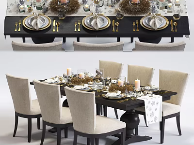 Elegant Modern Dining Table Set With Beige Chairs Fancy Tableware And Decorative Candles 3d model