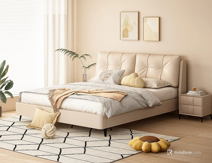 Warm Bedroom With Beige Upholstered Double Bed Gray White Bedding And Yellow Pumpkin Pillows 3d model 