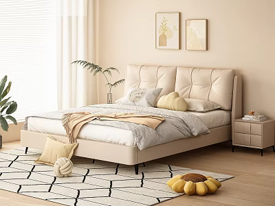 Warm Bedroom With Beige Upholstered Double Bed Gray White Bedding And Yellow Pumpkin Pillows 3d model