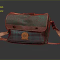 Green Canvas Crossbody Bag With Brown Accents Orange Crest And Plaid Design