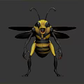 Realistic 3D Model Bee With Yellow Black Stripes In Aggressive Stance On White Background
