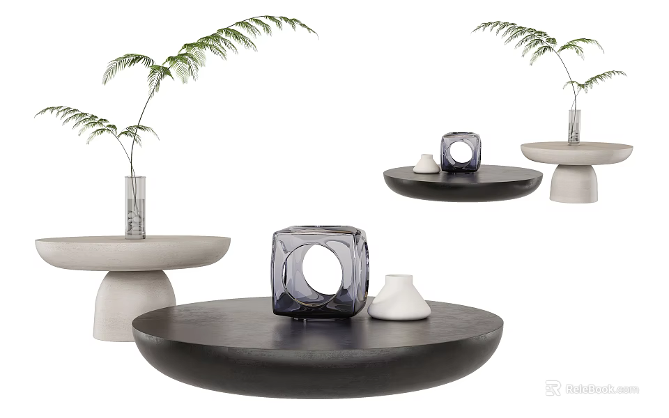 Modern Minimalist Coffee Table With Round Top And Decorative Objects Greenery Vases 3d model