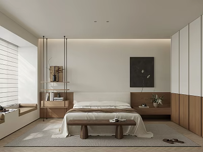 Modern Bedroom Interior Featuring Large Bed Bench Area Rug Shutter Windows And Decorative Painting 3d model